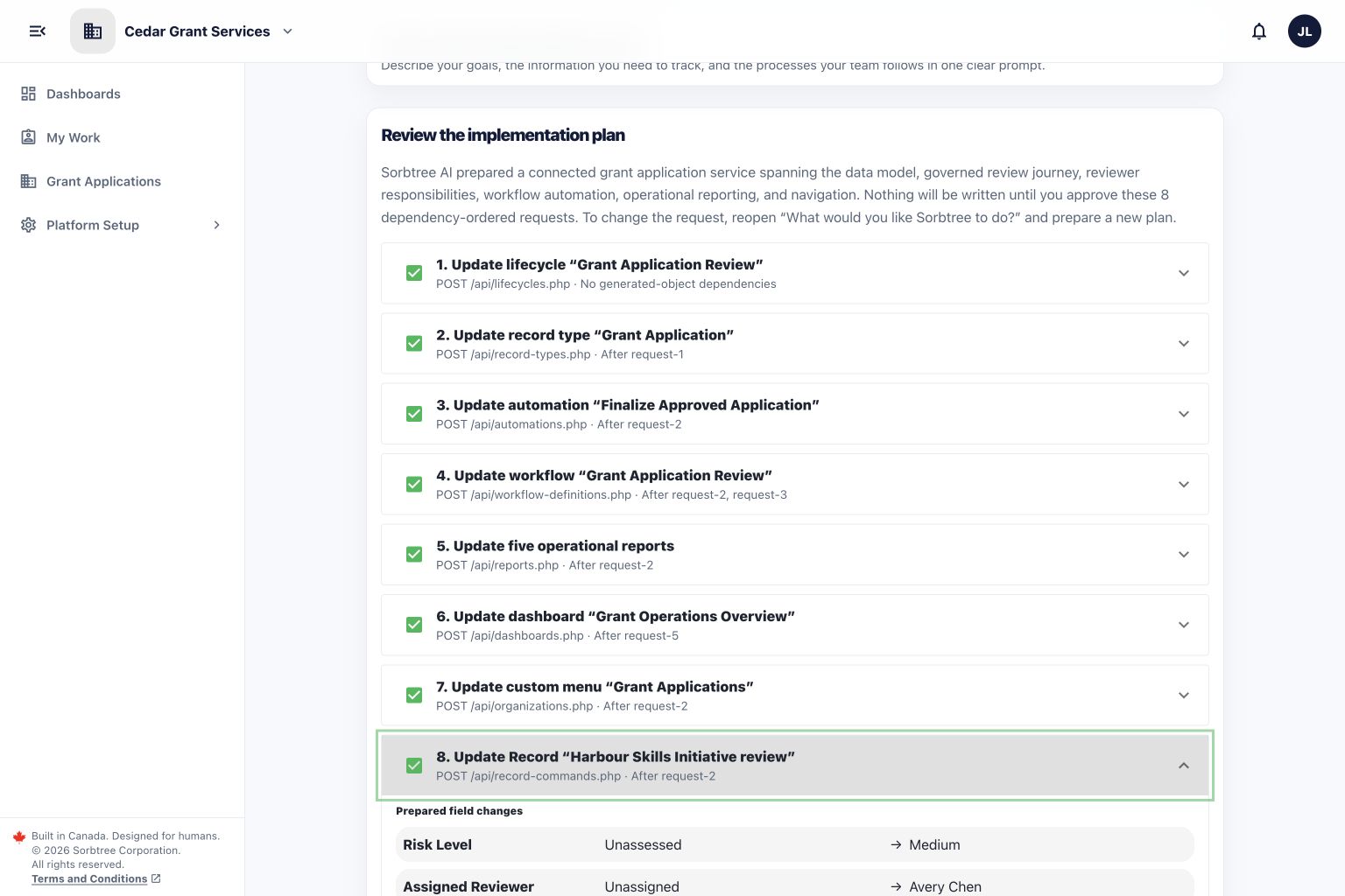Sorbtree AI review screen showing selected changes and before-and-after field values awaiting approval